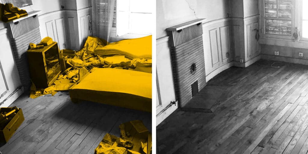 Photo d'une chambre en désordre avec de nombreux déchets dans la pièce. Le résultat après débarras est affiché à côté. La pièce est propre et en ordre.